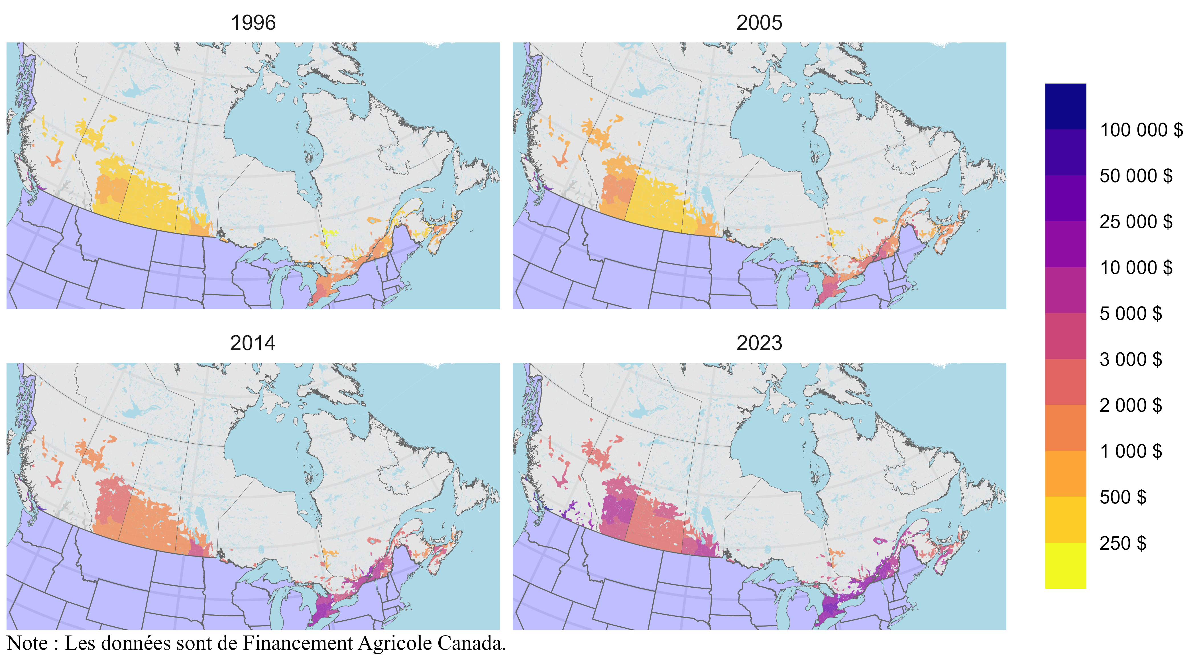 Cartes de la valeur par acre des terres agricoles au Canada pour certaines années